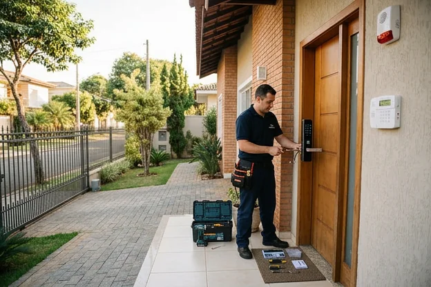 Cenário de segurança em uma casa, exibindo várias medidas de proteção.